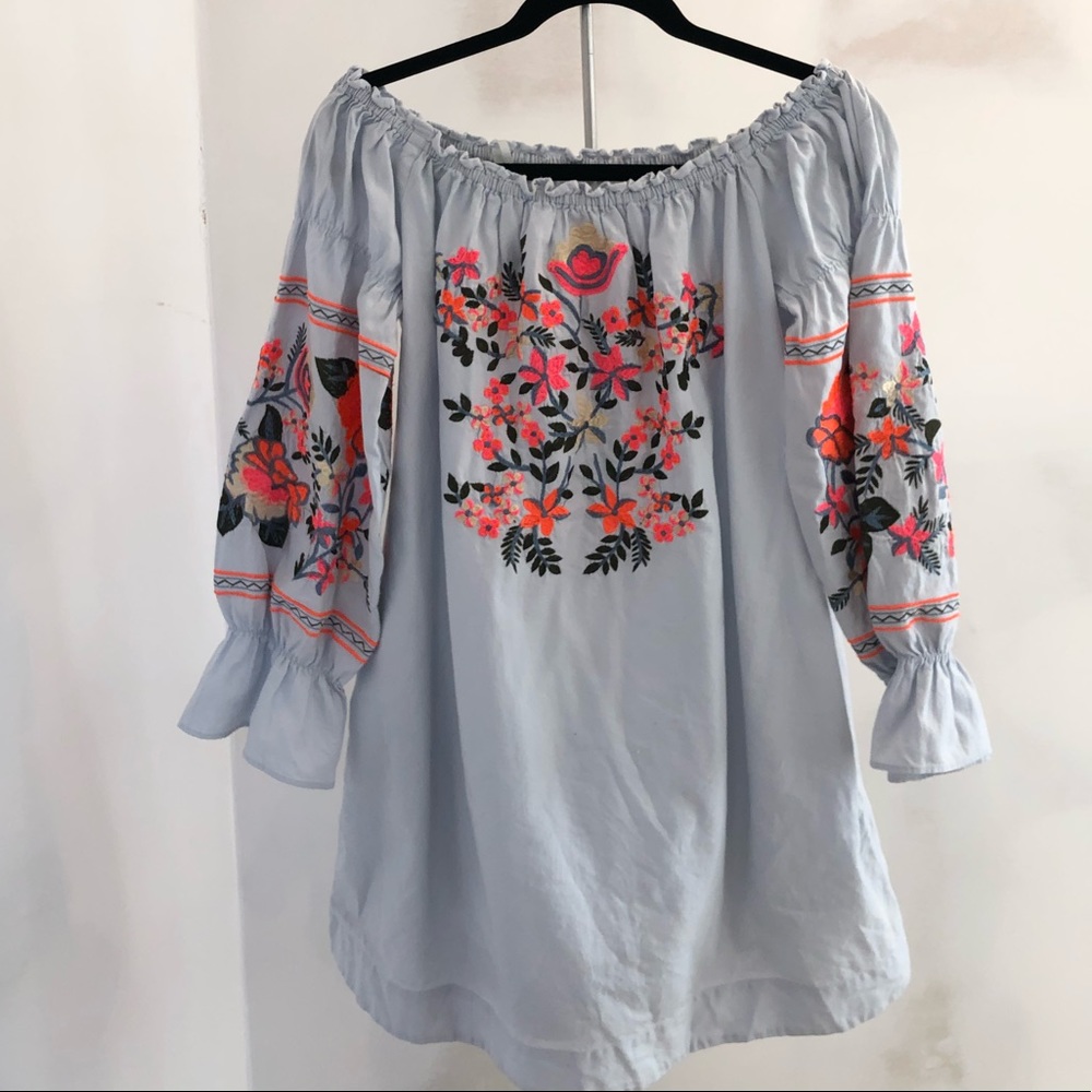 NWT FREE PEOPLE Embroidered Blue Dress SZ L